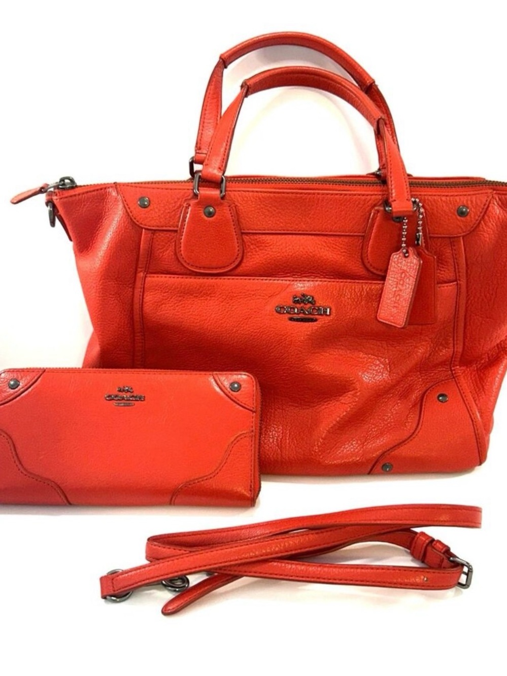 Coach F34040 cardinal Leather Satchel w/strap & matching Wallet w/silk dust bag